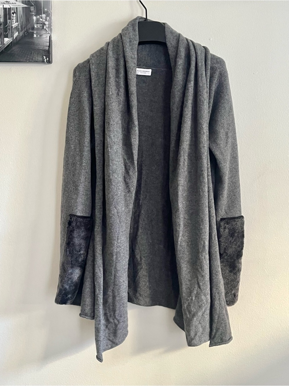 Club Monaco 100% Cashmere Gray Draped Open-Front Cardigan with Fur Cuffs- Medium